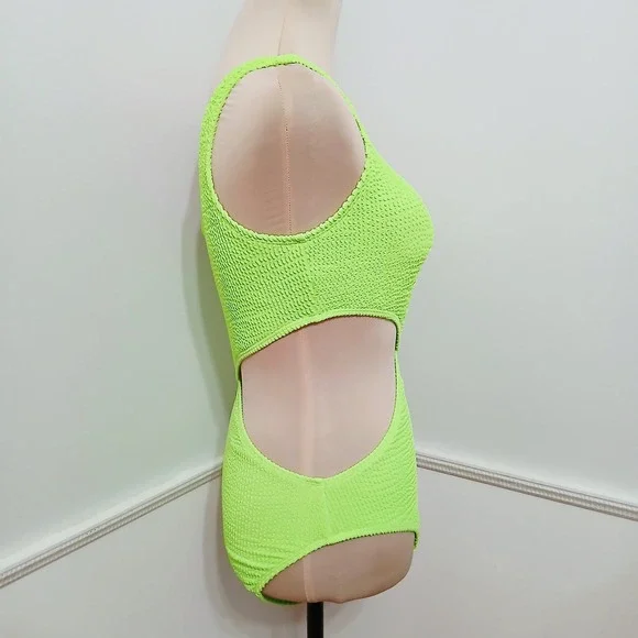 Neon Green One Shoulder Cutout Crinkle One Piece Swimsuit Womens M - Picture 3 of 5